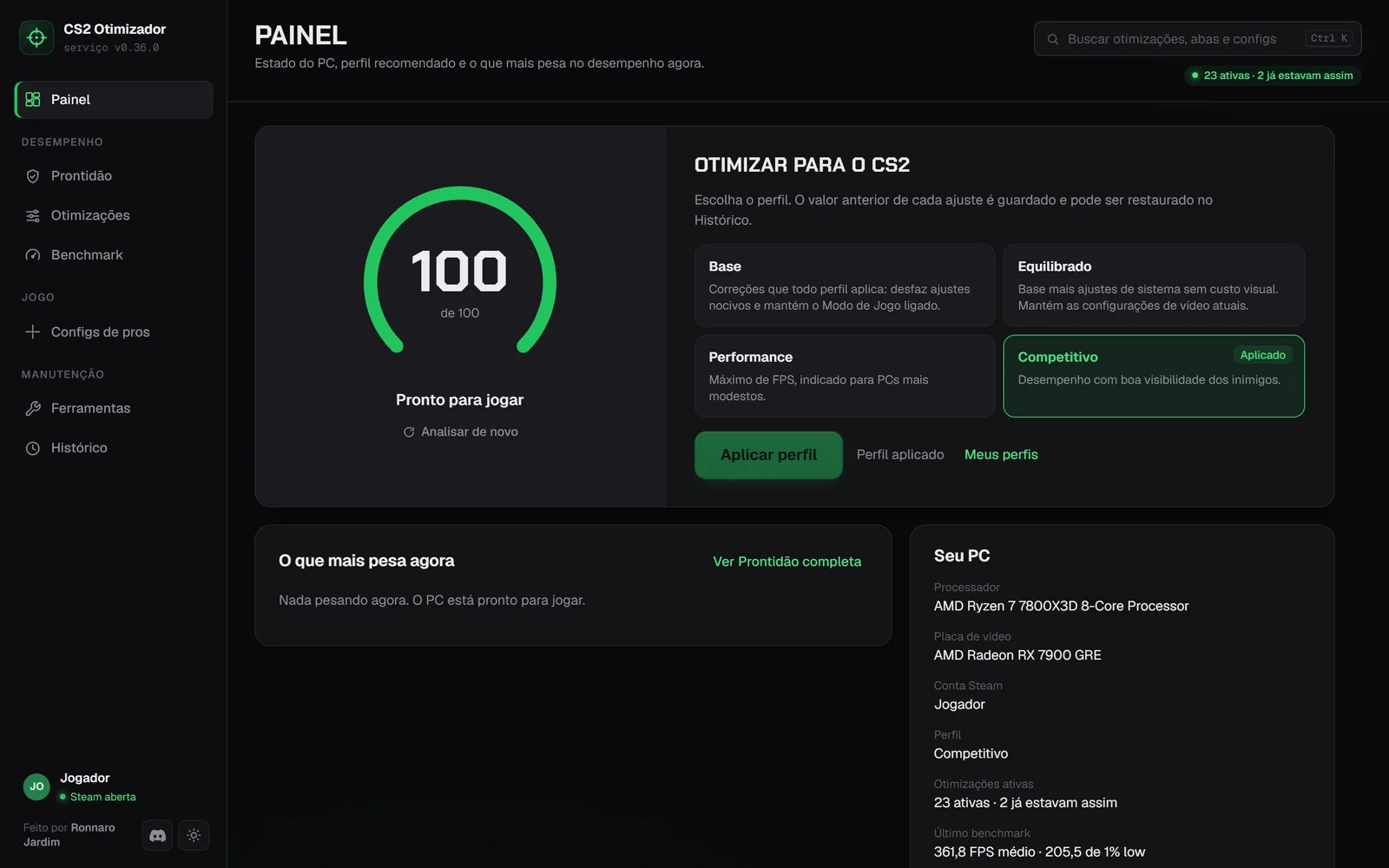 Painel: nota de prontidão 100 de 100, escolha de perfil (Base, Equilibrado, Performance, Competitivo) e resumo do PC.