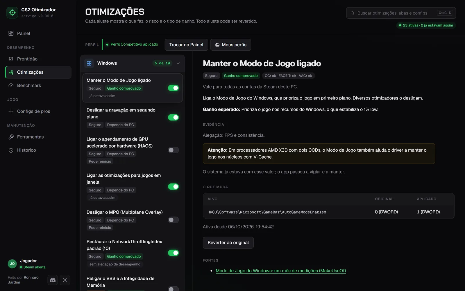 Otimizações: cada ajuste com risco, tipo de ganho, o valor original e o aplicado, e o botão para reverter.