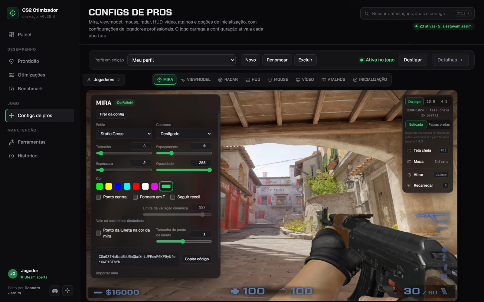 Configs de pros: editor de mira com a config de um profissional e prévia na cena do jogo.