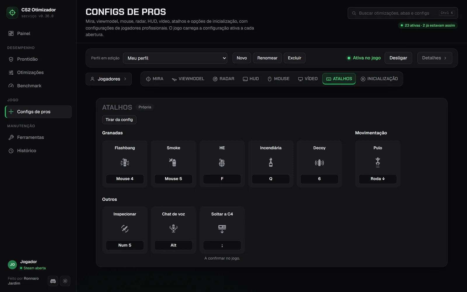 Configs de pros: atalhos de granadas, pulo e outras ações.