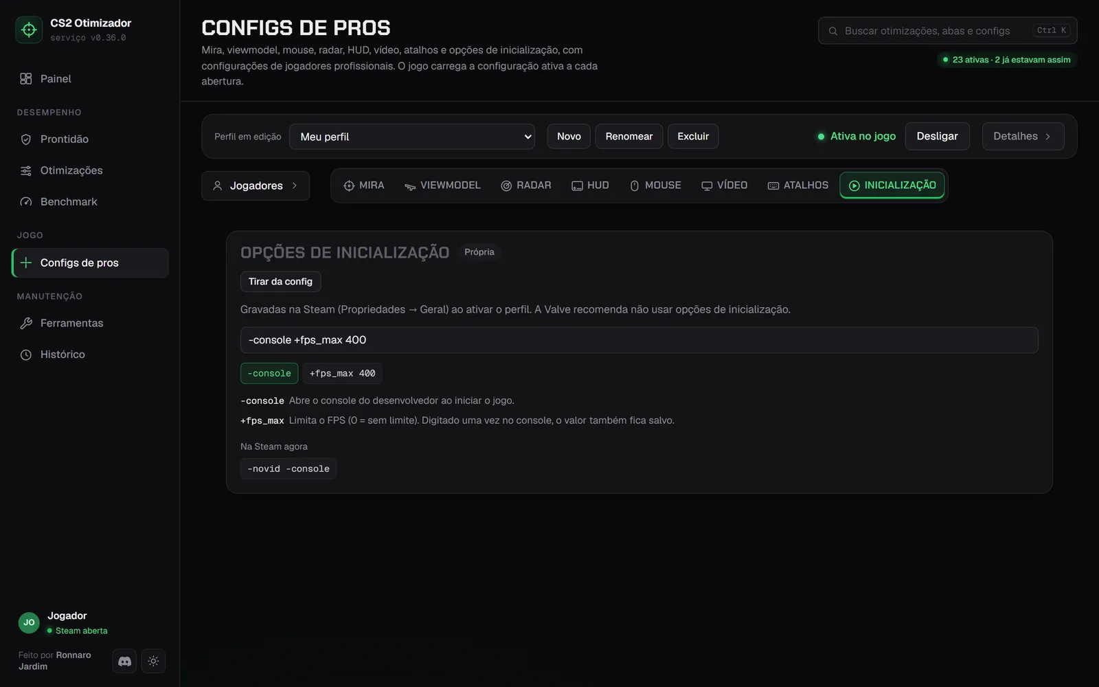 Configs de pros: opções de inicialização da Steam, com a explicação de cada uma.