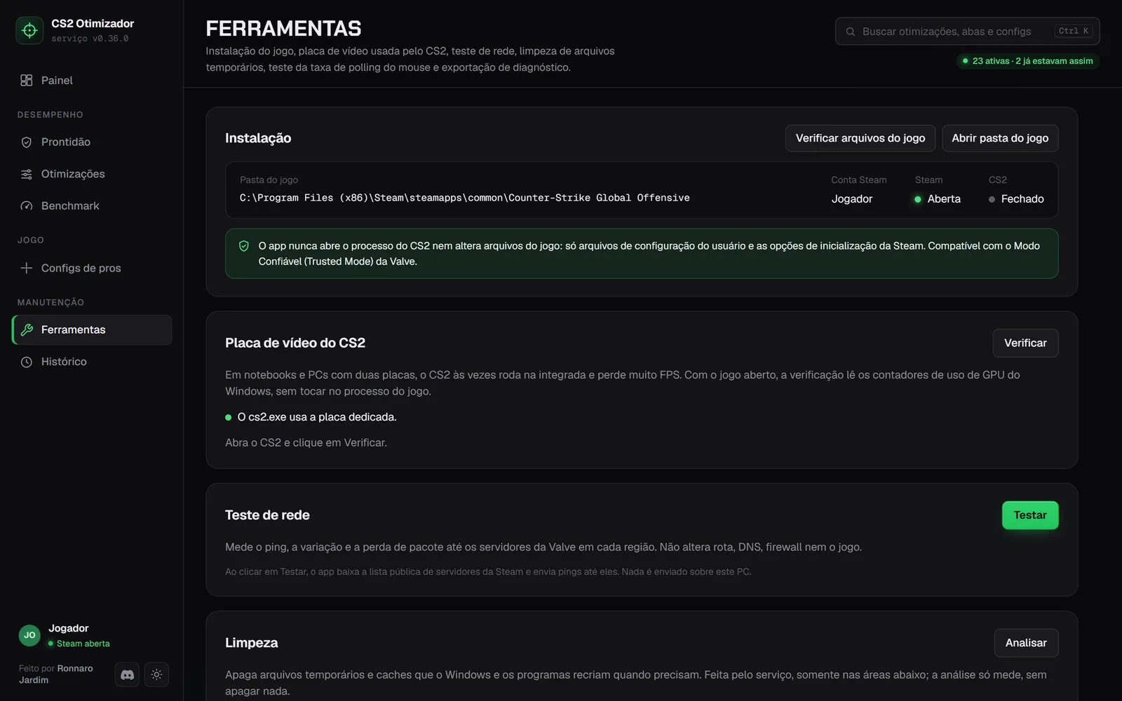 Ferramentas: instalação do jogo, placa de vídeo usada pelo CS2, teste de rede e limpeza.