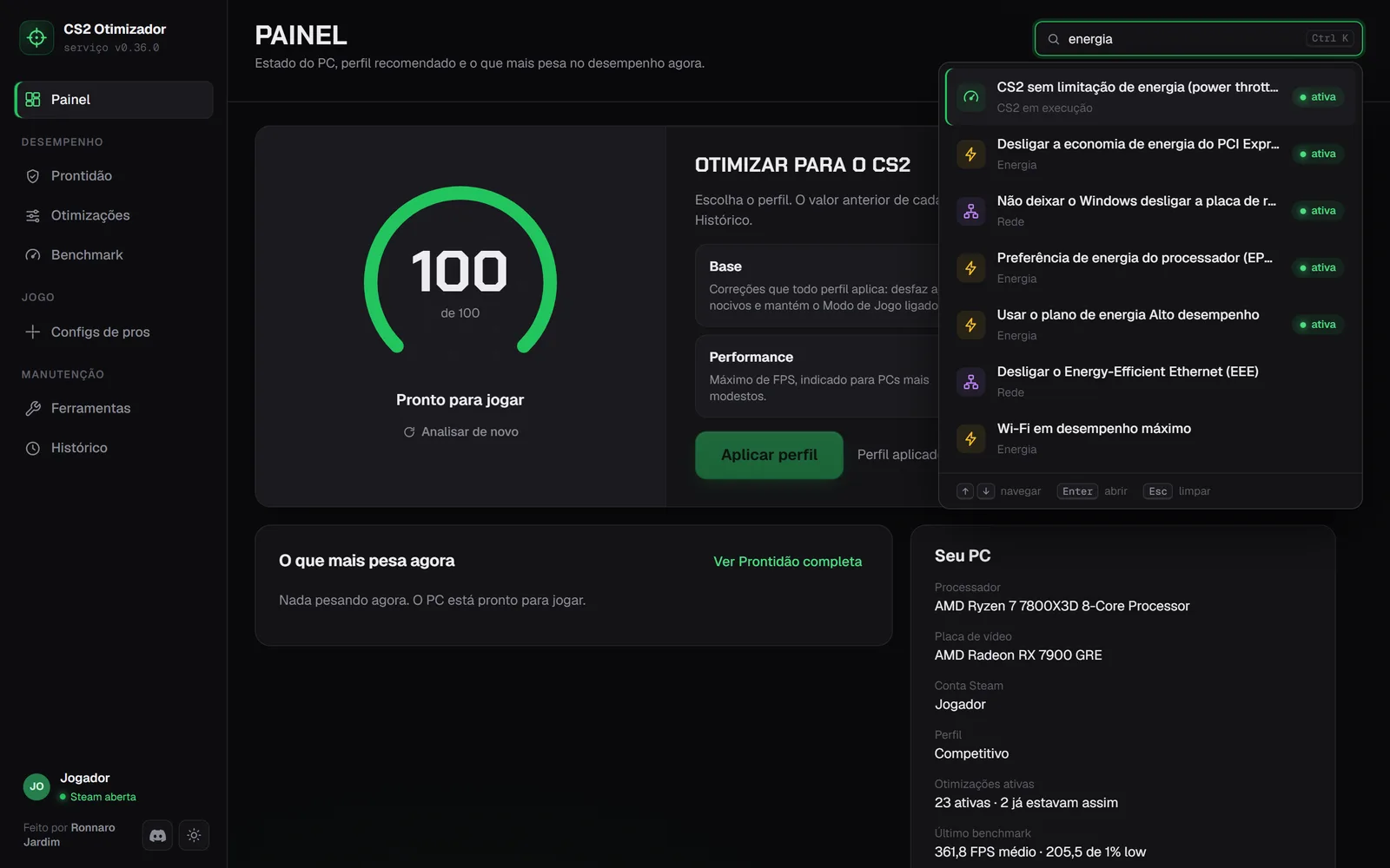 Busca rápida (Ctrl K) por otimizações, abas e configs.